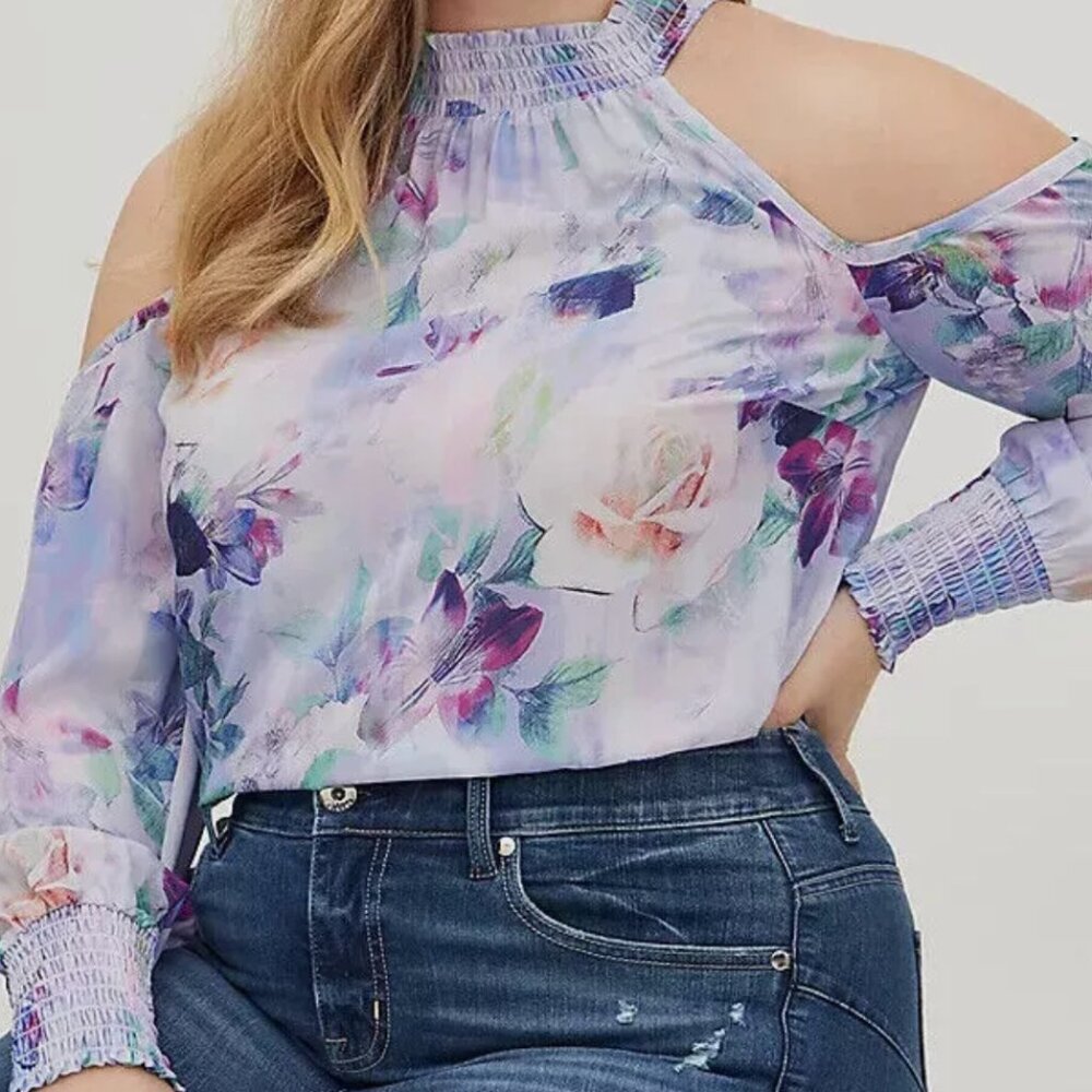 TORRID HIGH NECK COLD SHOULDER BLOUSE GEORGETTE FLORAL PURPLE Plus Size: 1